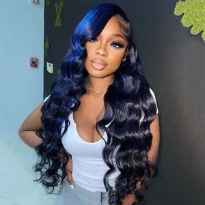 💥Highlight Blue with Black Body Wave 100% Human Hair Lace Front Wig💥NWT